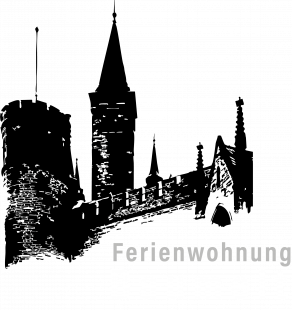 Das Logo der Ferienwohnung Baumelt enthält einen grau-weißen Schriftzug "Ferienwohnung Baumelt". Über dem Schriftzug ist eine schwarze Strichzeichnung einer Burg zu sehen.